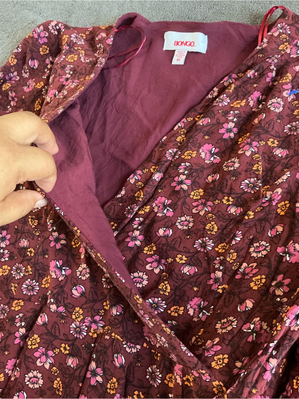 BONGO Maroon Floral Faux-Wrap Mini Dress Bell Sleeves Size:M - Picture 8 of 16